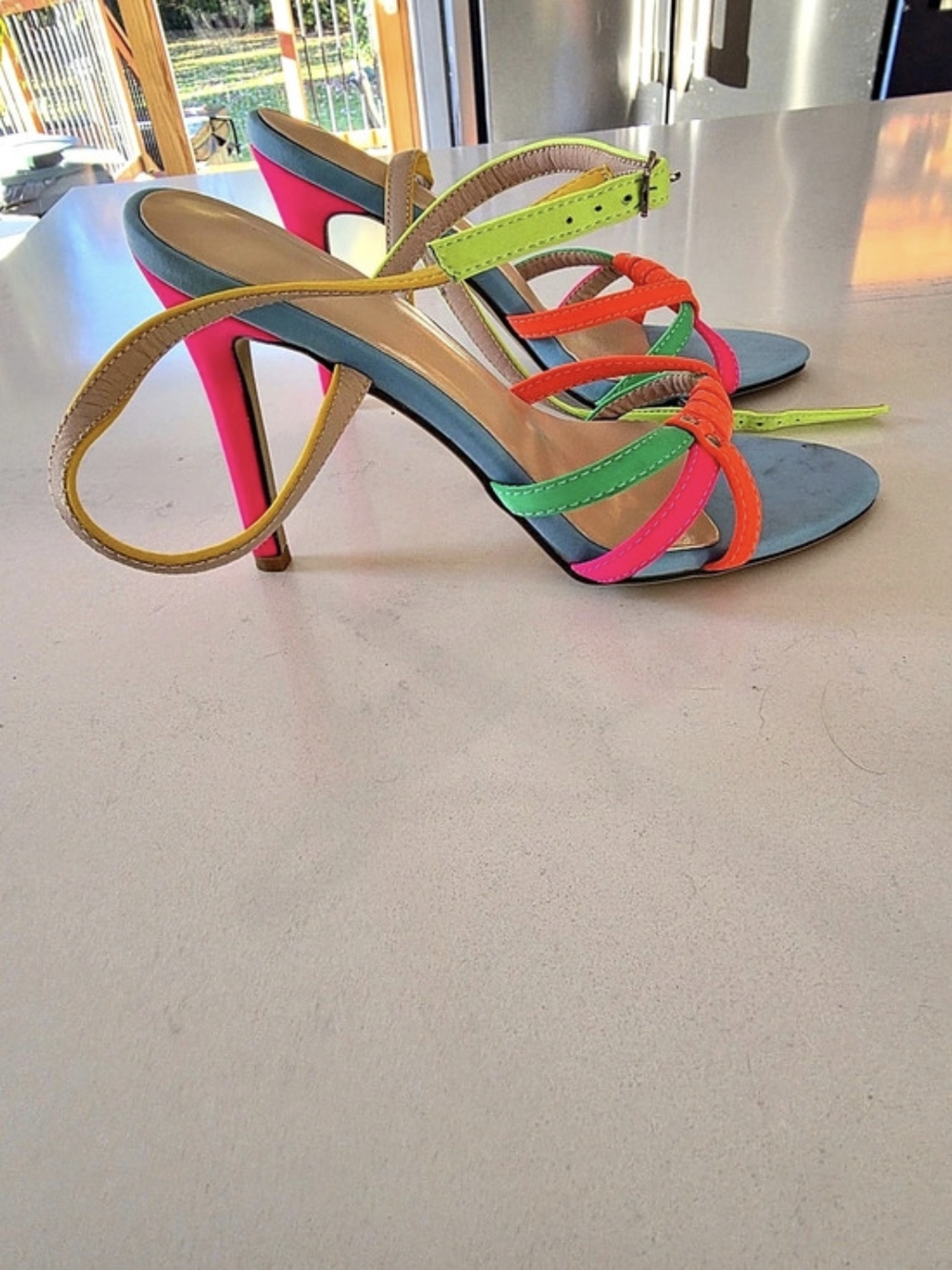 Color Block Strappy High Heels in Pink & Green